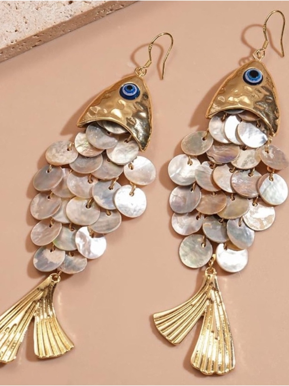 Gold Fish Shell Disc Dangle Earrings - Picture 1 of 7